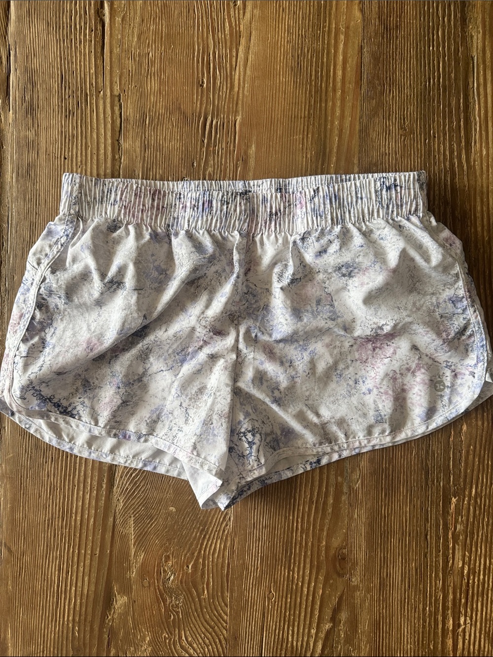 RBX Marble-Print White Athletic Shorts with Lavender and Blue Hints
